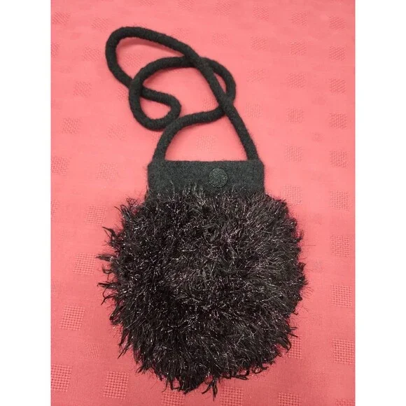 Artisan Handmade Black Felted Wool And Tinsel Yarn Evening Bag Round Drop Handle