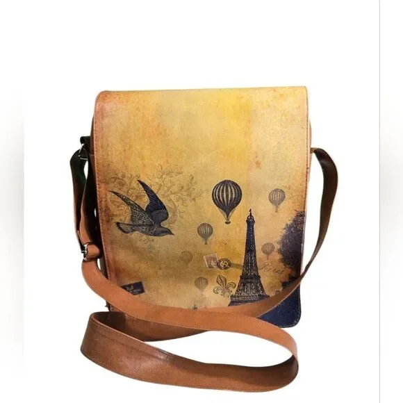 Eiffel Tower Brown Crossbody Bag with Bird and Balloon Design