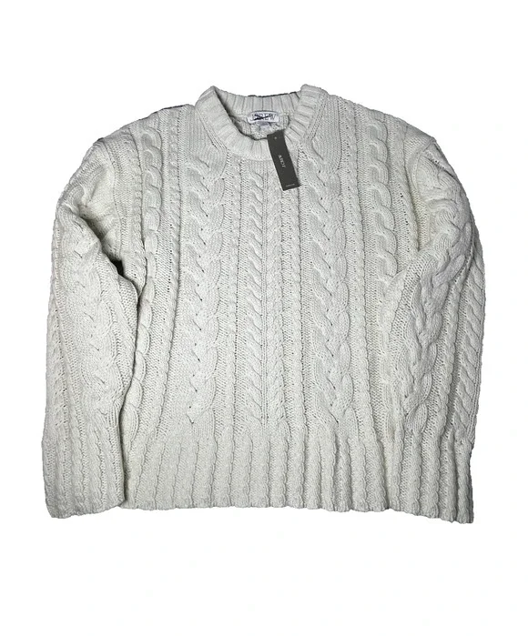 J Crew Cable Knit Crewneck Sweater Womens Medium Ivory Classic Preppy Cotton