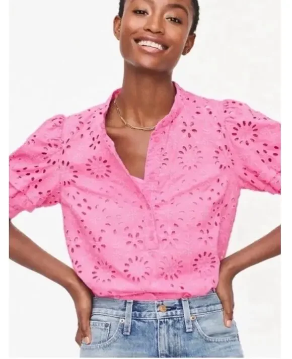 J. Crew Puff-Sleeve Popover Top in Pink Eyelet Size Large