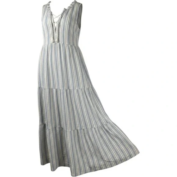 J.Crew Maxi Dress Womens XL Blue White Striped Tiered Cotton Gauze Tassel Tie