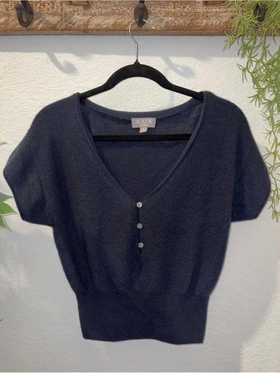 J. Crew Navy Short Sleeve 100% Cashmere V-Neck Button Top