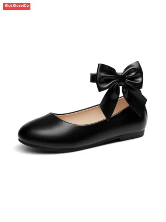 Girls Ballet Flats Dress Shoes Faux Leather Bowknot Ankle Strap Hook-and-Loop