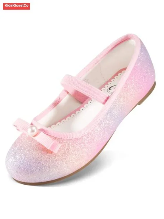 Girls Glitter Dress Shoes Flower Wedding Mary Jane Ballet Flats with Strap