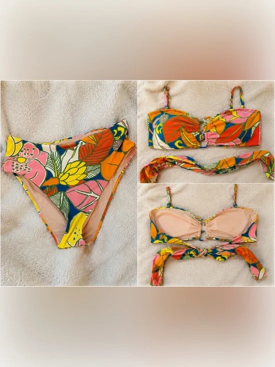 J. Crew women's Floral Bandeau Bikini in Blue, Orange & Yellow, no size tag,guc