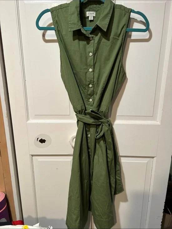 J. Crew Olive Sleeveless Button-Front Shirt Dress with Self-Tie