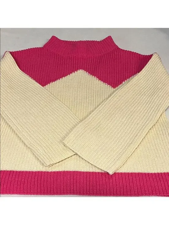 The Reeds x J.Crew Mock Neck Colorblock Sweater XXS Pink Cream Rib Knit