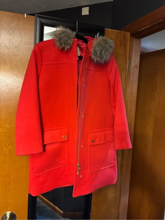 J. Crew Red Wool-Blend Pea Coat with Faux Fur Trim