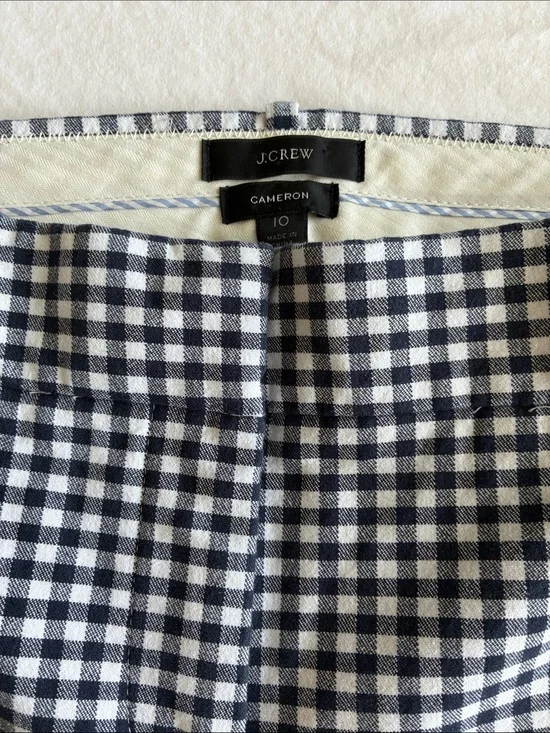 J Crew Cameron Bi-Stretch Cotton Gingham Pants in Blue and White, Size 10
