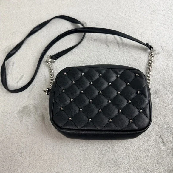 Black Quilted Studded Crossbody Bag‎ Camera Bag Silver Chain