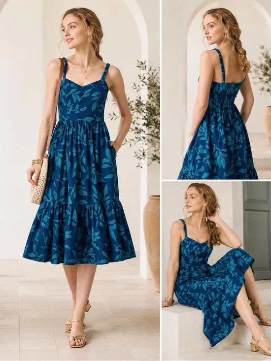 J. Crew Teal Blue Leaf-Print Midi Sundress