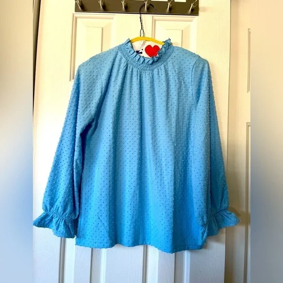 JCrew XS light blue pin dot blouse with ruffle neck and sleeves