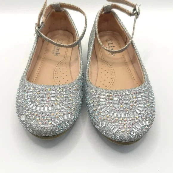 Link Comfort‎ Girls Silver Glitter Rhinestone Ankle Strap Dress Shoes Size 12