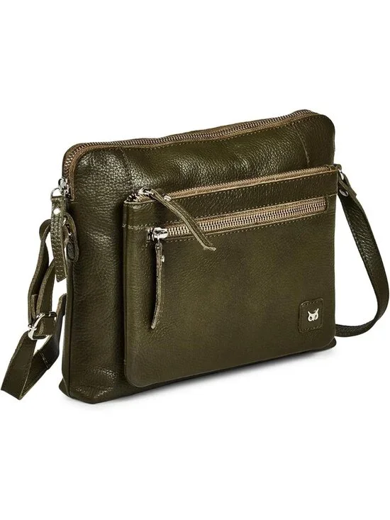 Women's Olive Genuine Leather Sling Purse with Adjustable Strap Crossbody bag