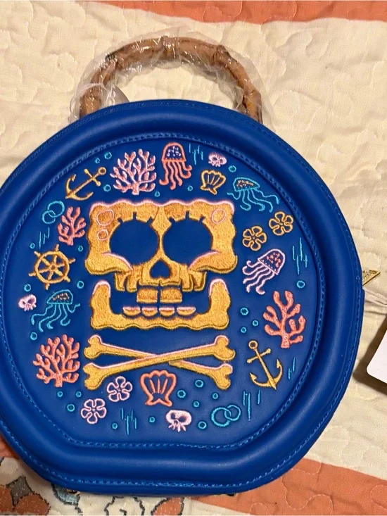 Loungefly Blue Round Crossbody Bag with Yellow SpongeBob Embroidered Skull