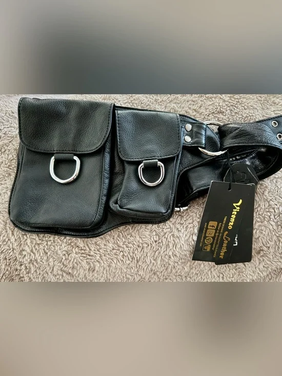 NWT Vicenzo Genuine Leather Festival Utility Belt Hip Bag Black