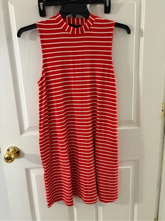 J. Crew Red & White Striped Sleeveless Mock Neck Dress