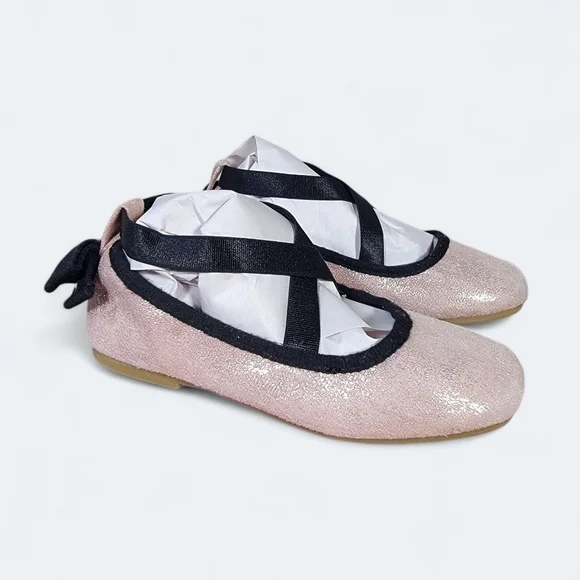 Cat & Jack Pink Shimmer Ballet Flats Girls Size 8 Criss Cross Top Back Bow