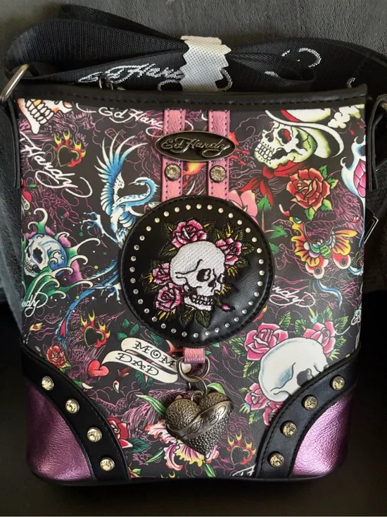 Ed Hardy Black & Pink Floral Skull Crossbody Purse