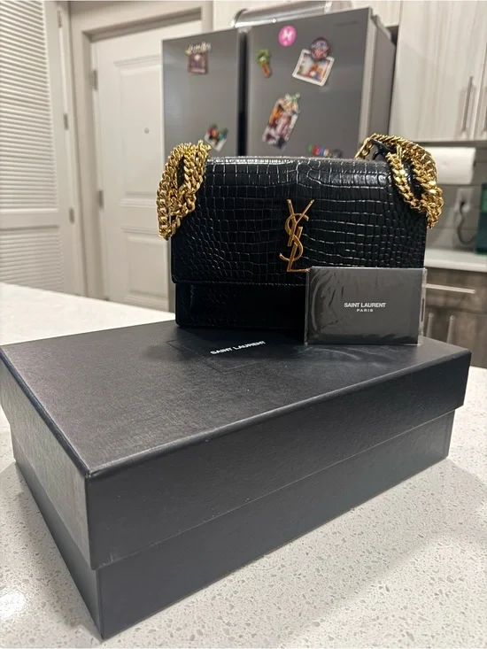 Saint Laurent Sunset Black Croc-Embossed Suede-Trim Shoulder Bag