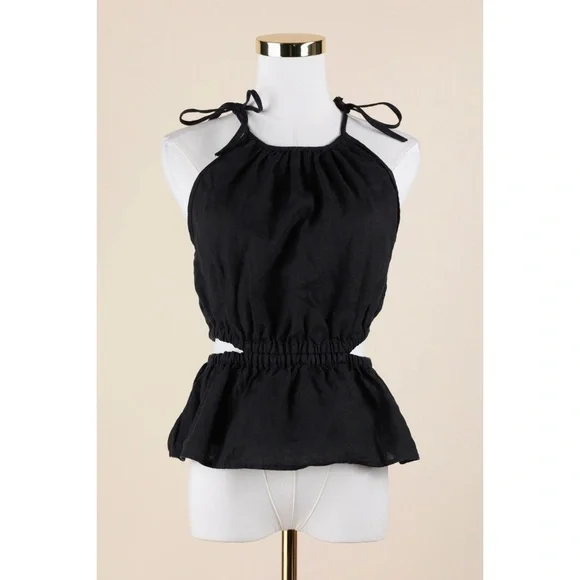 Sz XS J. Crew Black 100% Linen Cutout Halter Neck Tank Top EUC