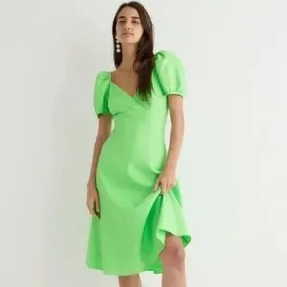 J. Crew Puff Sleeve V-Neck Midi Dress in Stretch Linen Blend