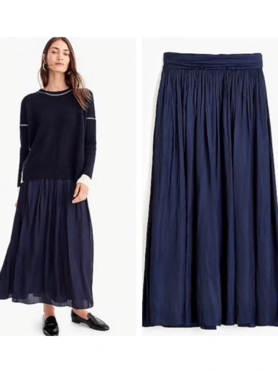 J. Crew Point Sur Crinked Satin Maxi Skirt Navy Blue