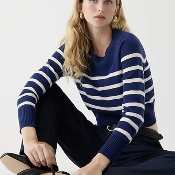 J. Crew Cashmere Shrunken Crewneck Sweater In Stripe Navy Medium NWOT
