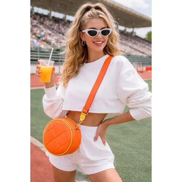 TESSIE Orange Quilted Round Crossbody Bag Yellow Trim Gold Hardware Adj Straps‎