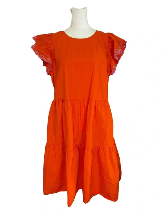 J. Crew Bright Orange Tiered Mini Dress with Eyelet Ruffle Sleeves