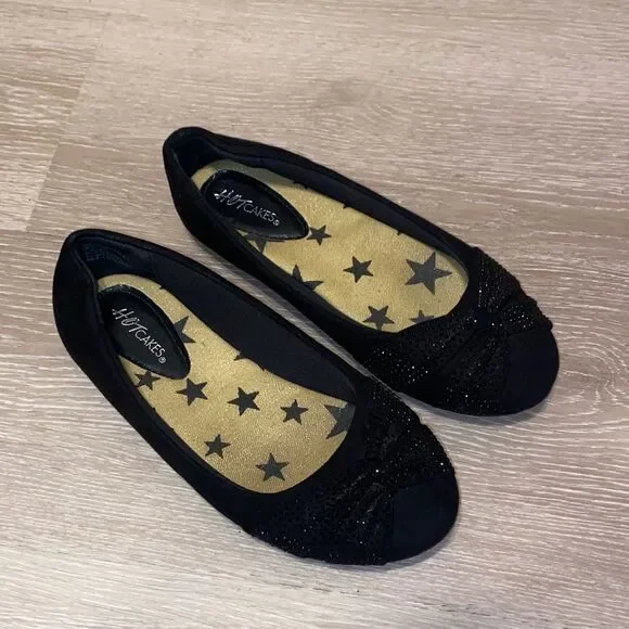 Hot Cakes Girls’ Black Suede Ballet Flats with Rhinestones