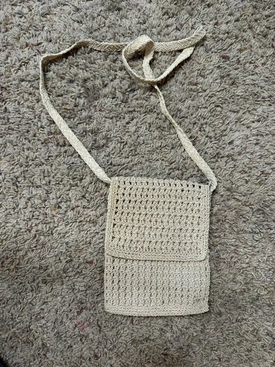 Beige Crochet Crossbody Bag 100% Rayon Lightweight Small Purse Flap Closure