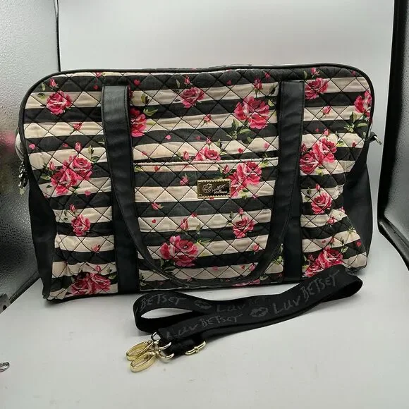Luv Betsey Johnson Floral Quilted Weekender Duffel Bag Roses Black Pink