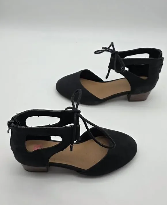 GB Girls Black Lace Up Ballet Flats Dress Shoes Back Zip Size 1M