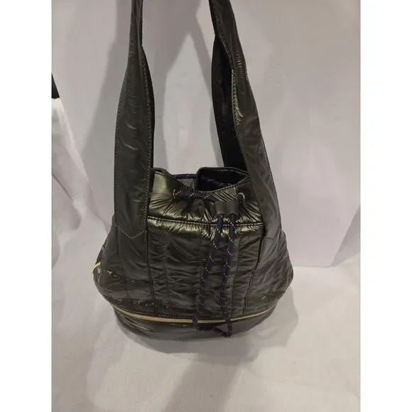 Stella & Dot Crush it Quilted Bucket Bag Metallic Olive Expandable Shoulder Bag