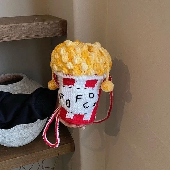 Handmade Crochet Popcorn Bag Knit Shoulder Purse‎ Red White Yellow Unique Gift