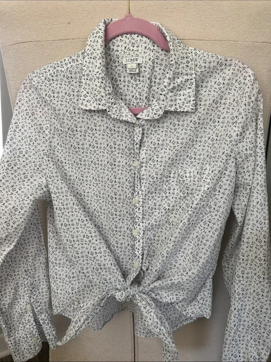 J. Crew White Shirt with Navy Micro Floral Tie Front