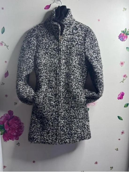 J. Crew Black and White Bouclé Zip-Front Pea Coat