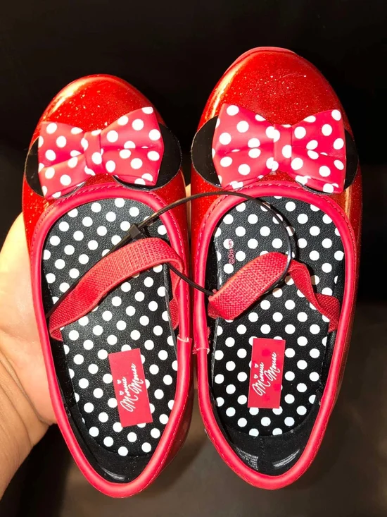 Minnie Mouse Girls Red Glitter Polka Dot Bow Slip-On Ballet Flats US 7 EU 23.5