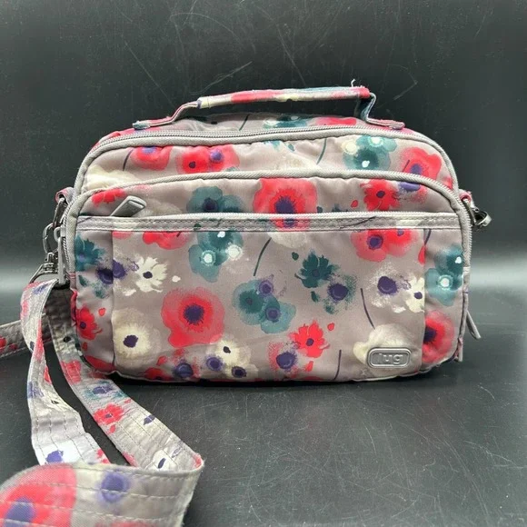 LUG‎ Scoop Crossbody Shoulder Bag Purse Watercolor Grey Pink Teal Flower