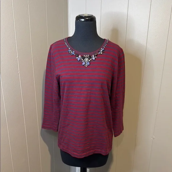 J. Crew Women’s Medium Red Embellished Long Sleeve Shirt Faux Crystal Neckline