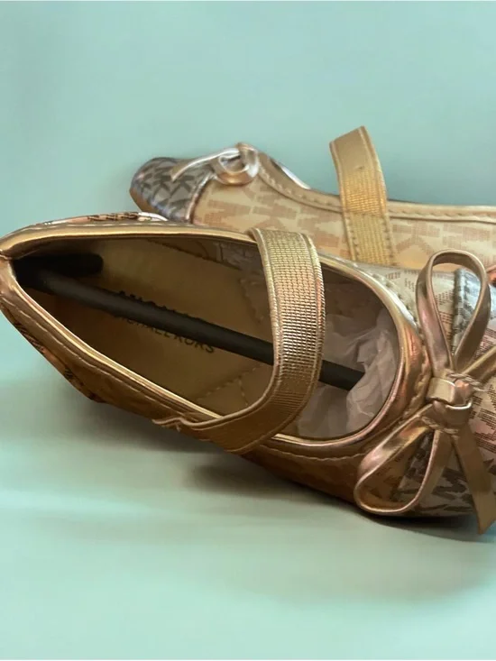 Michael Kors Metallic Gold Logo Mary Jane Flats with Bow