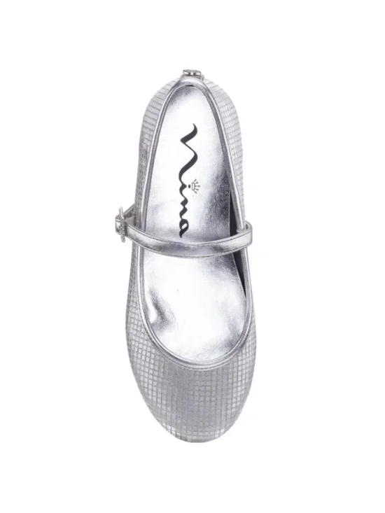Nina Girls' Silver Textured Flat W/ Rhinestone Buckle - Size 10