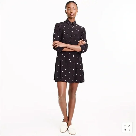 J Crew Silk Button Front Shirt Dress Black Print Long Sleeve Size XS