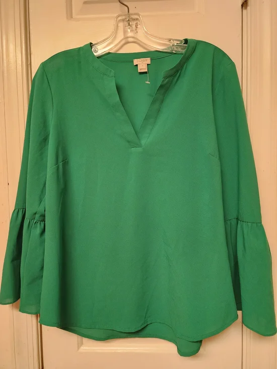 Brand New J. Crew Emerald Green Split V-Neck Bell Sleeve Tunic