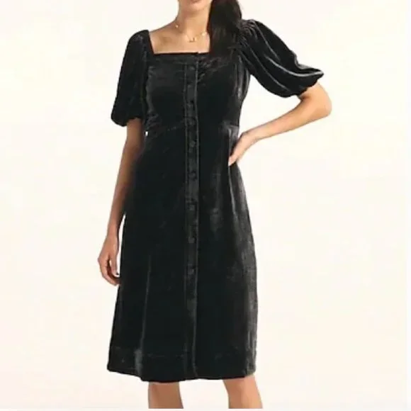 J. Crew Black Velvet Midi Dress with Puff Sleeves
