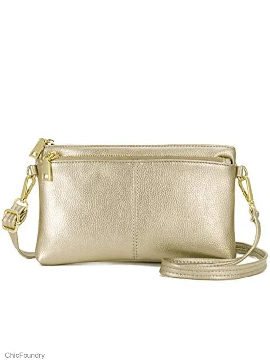 Triple Zip Small Crossbody Bag Vegan Leather Wristlet Clutch with Adjustable
