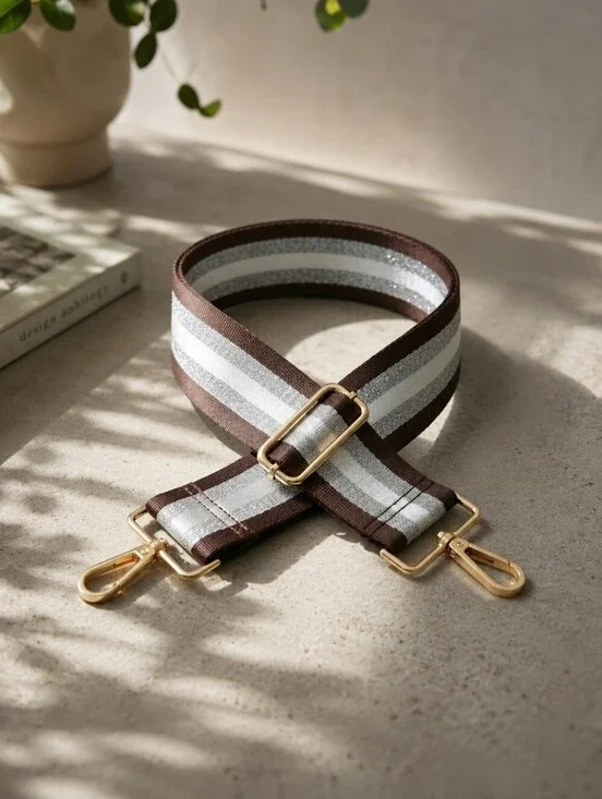 Brown Silver Stripe Bag Replacement Strap Golden‎ Hardware Adjustable Casual