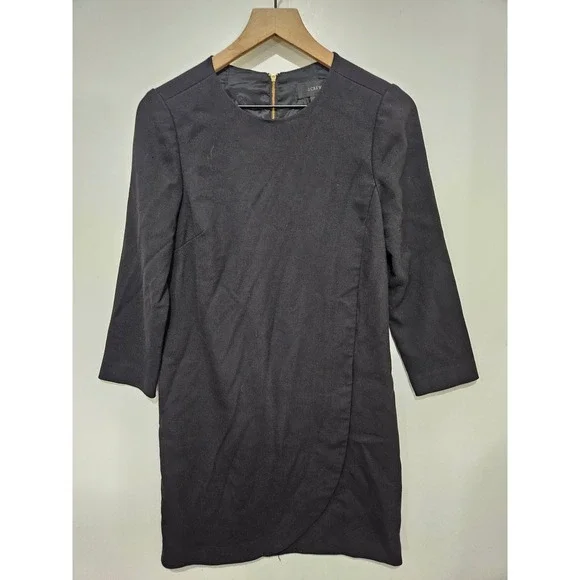 J.Crew Black Tulip Wrap Front Shift Dress Gold Back Zip 3/4 Sleeve Size 4