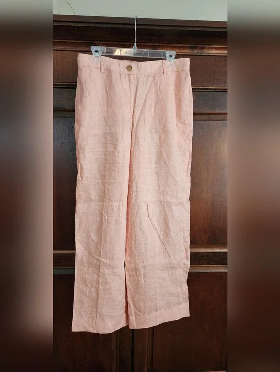 J Crew Light Blush Peach Wide-Leg 100% Linen Pants, Size M